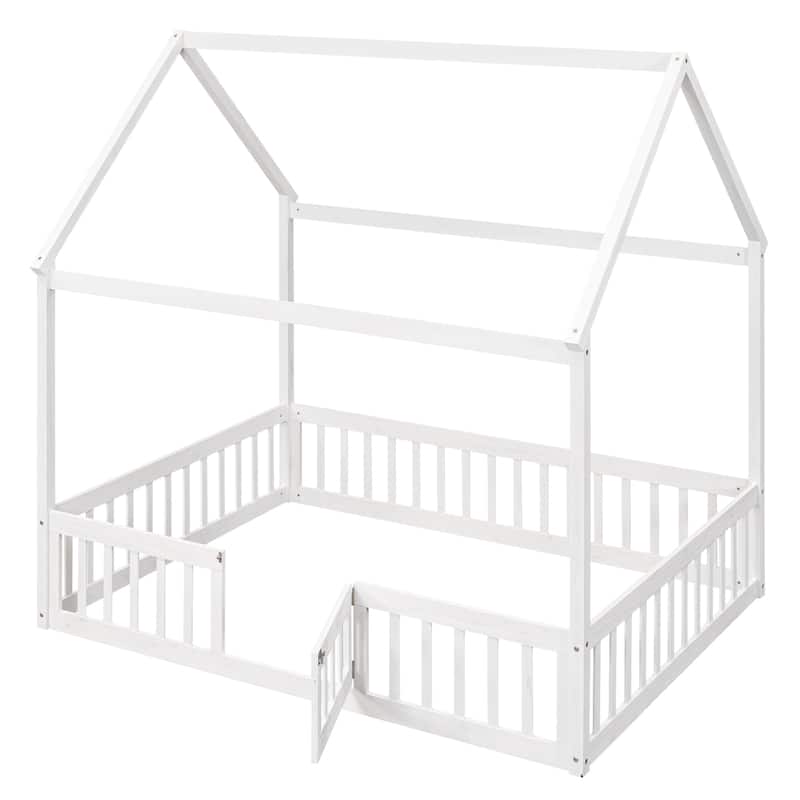 Pine Wood House Bed with Fence, Door, and Solid Construction