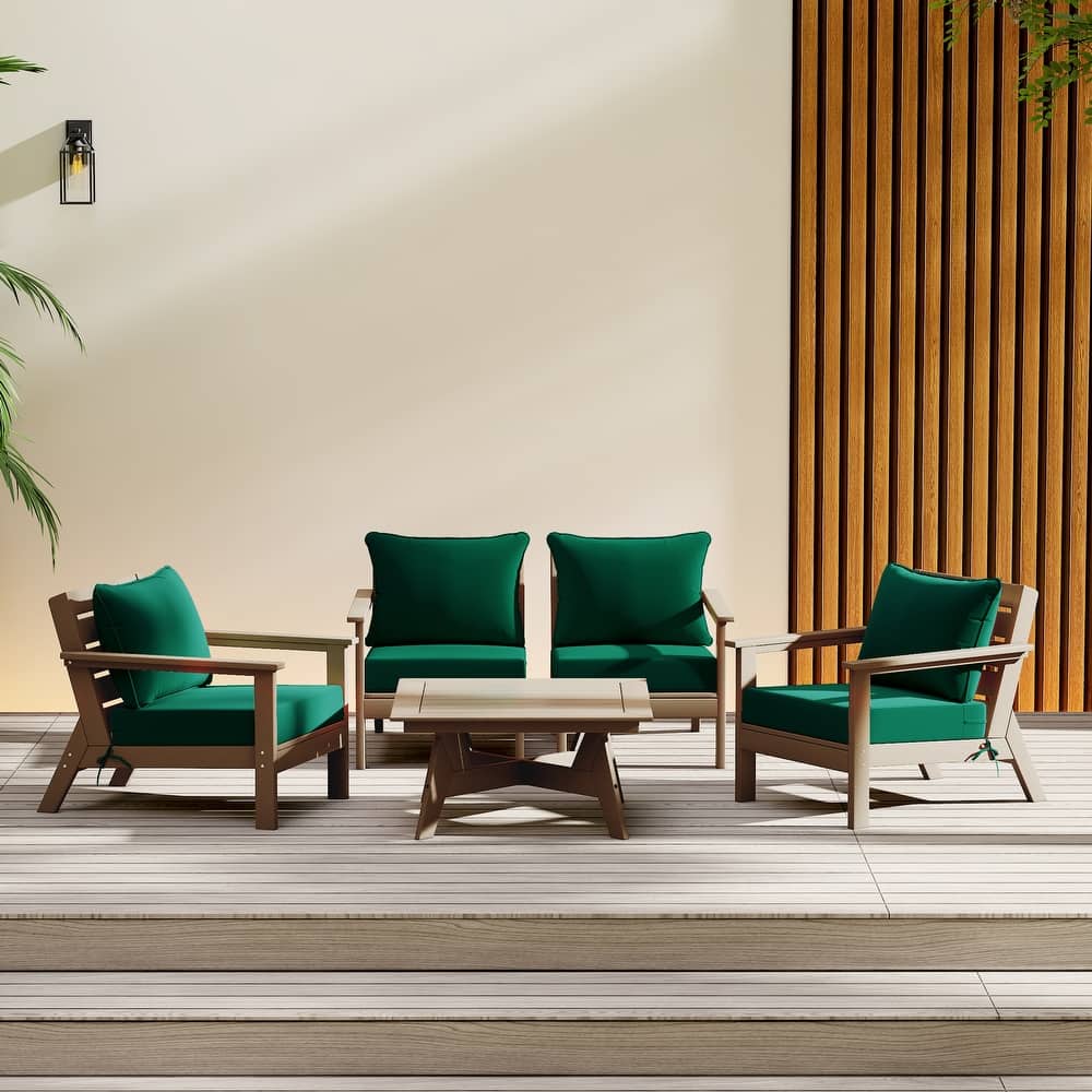 Birchwood All Weather HDPE Outdoor Patio Weathered Wood Deep Seating Conversation Set (5-Piece Set)