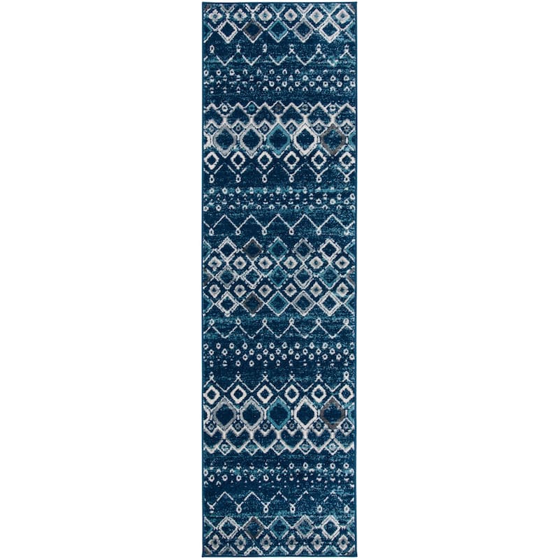 SAFAVIEH Amsterdam Bridget Moroccan Boho Rug - 2'3" x 8' Runner - Navy/Beige - Runner