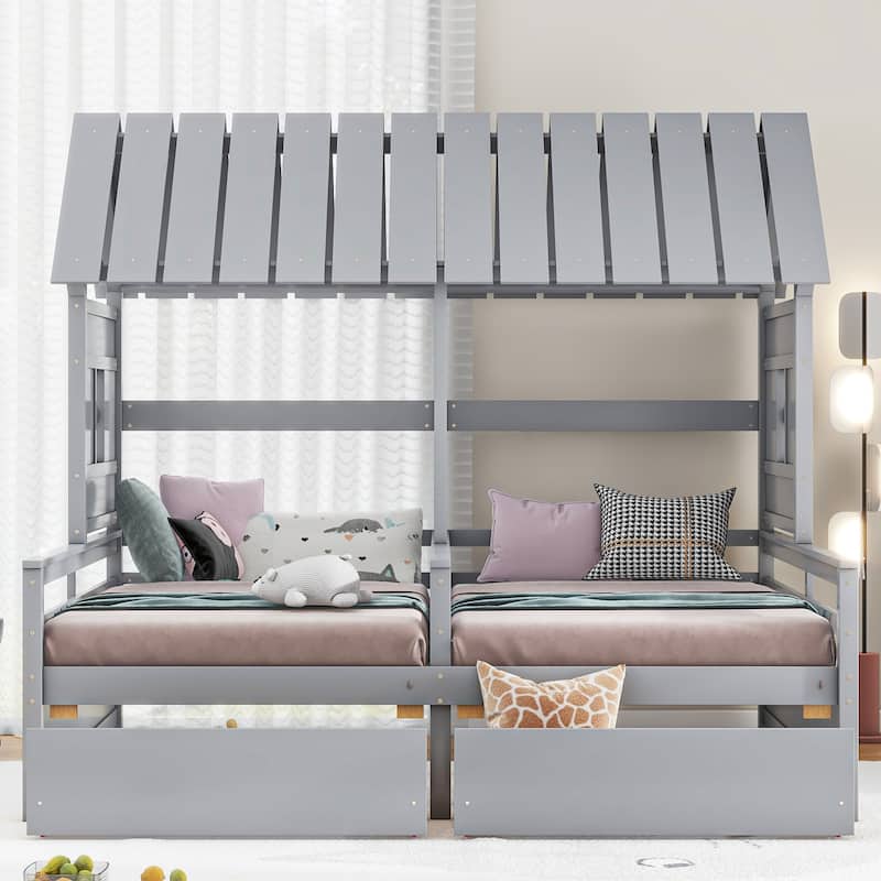 Roomfitters Twin House Platform Beds with Side-by-Side Layout and Hidden Storage Compartments