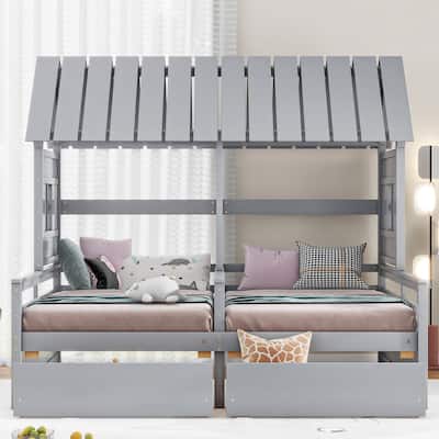 Twin Size Wood House Platform Beds with 2 Drawers for Boy and Girl Shared Beds, Combination of 2 Side by Side Twin Size Beds