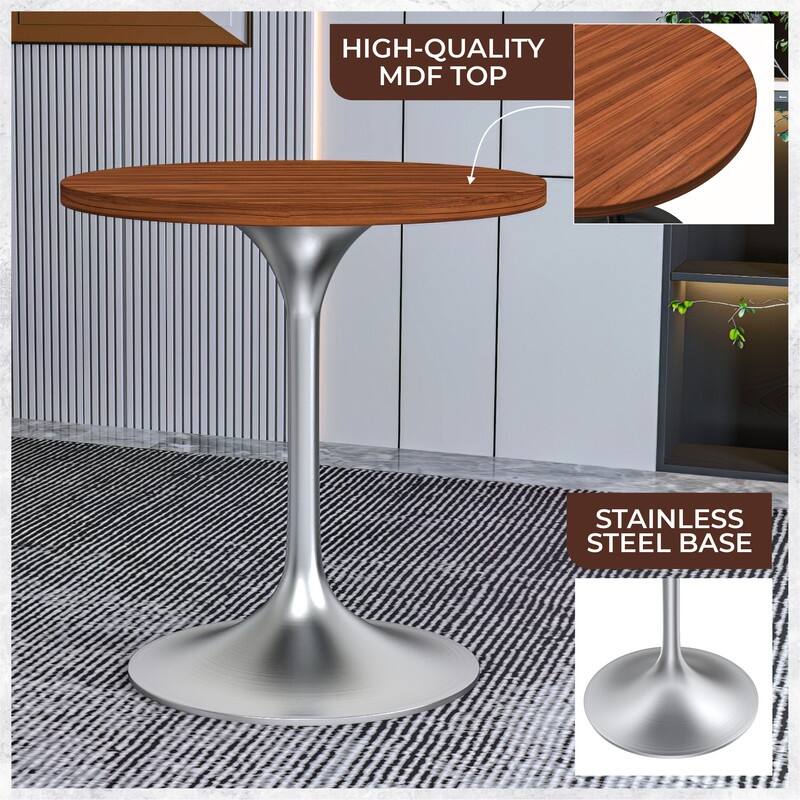 LeisureMod Verve 27" Round Dining Table with MDF Wood TableTop and Brushed Chrome Base for Kitchen & Dining Room