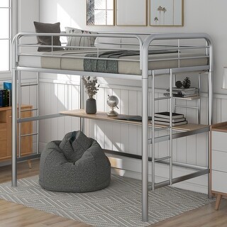 Twin Metal Loft Bed With Desk Shelve 2 Ladders Full Guardrails Silver Overstock