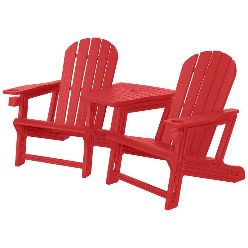 Polytrends Coastline Outdoor Poly Adirondack Chair Set with Connecting Tray & Cup Holder - Red