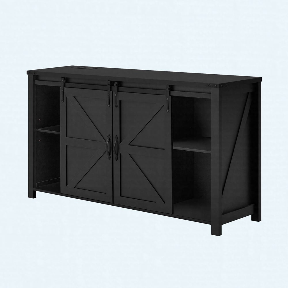 55.1" Wooden Sideboard Buffet, Farmhouse Cabinet with Sliding Barn Doors, 4 Drawers & Integrated Power Outlet