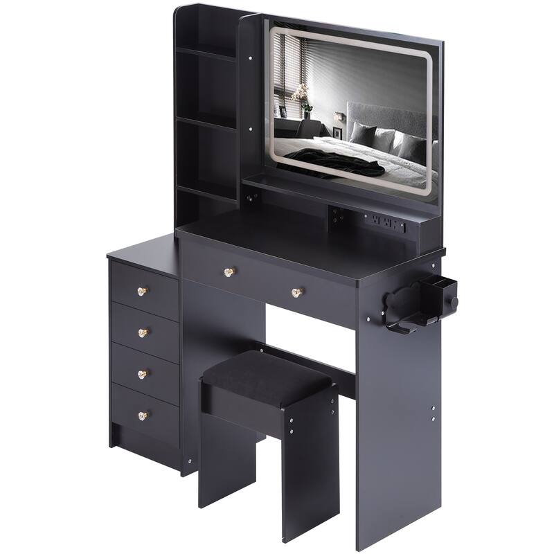 Vanity Desk with Touch Control LED Mirror, Makeup Table with Hair Dryer Stand, Vanity Table Set with Cushioned Stool