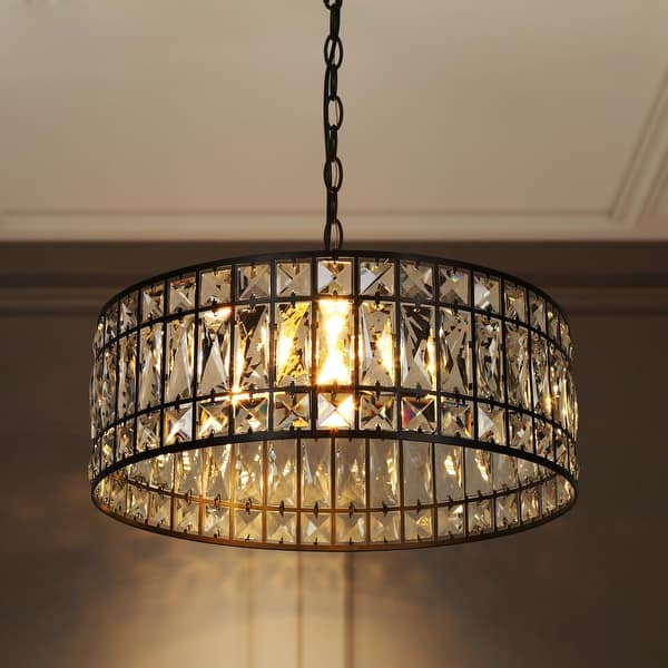 slide 2 of 15, Aulia Modern 3-Light Black Crystal Drum Chandelier for Living Dining Room