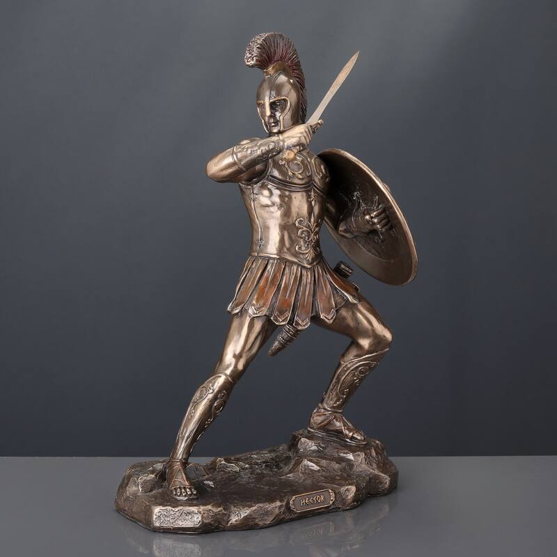 9.25" H GREEK HERO HECTOR OF TROY HOLDING SWORD AND SHIELD Cold Cast Bronze - 3.35"x6.1"x9.25"