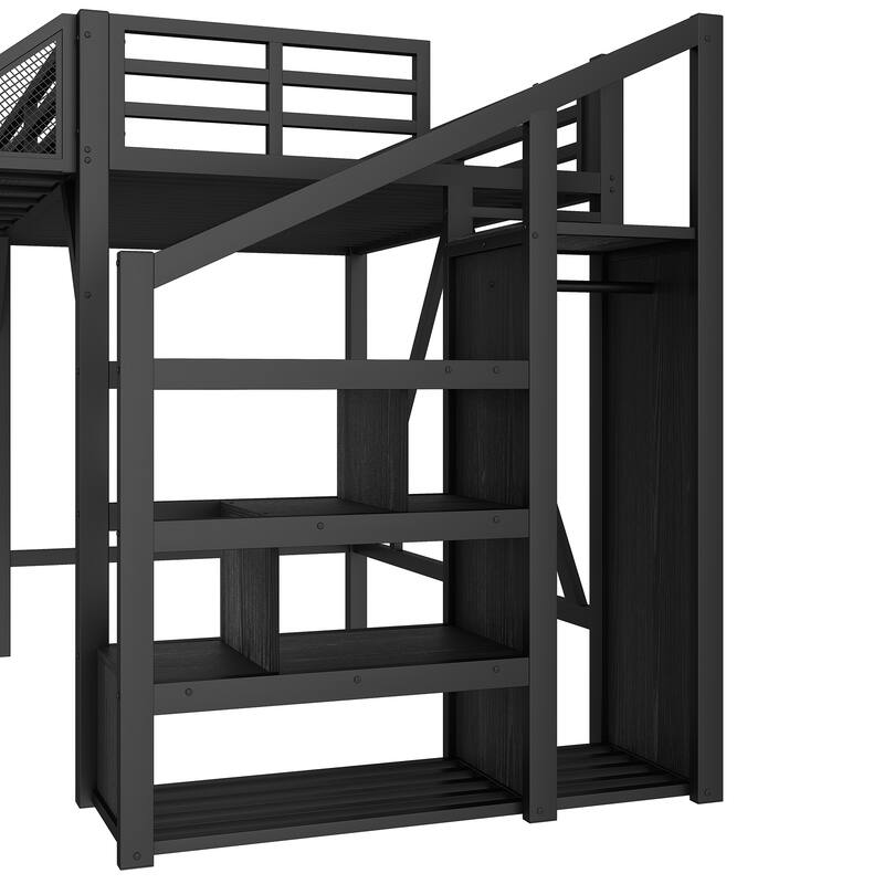 Roomfitters Metal Loft Bed with Wardrobe and Storage Stairs, LED Lights and USB