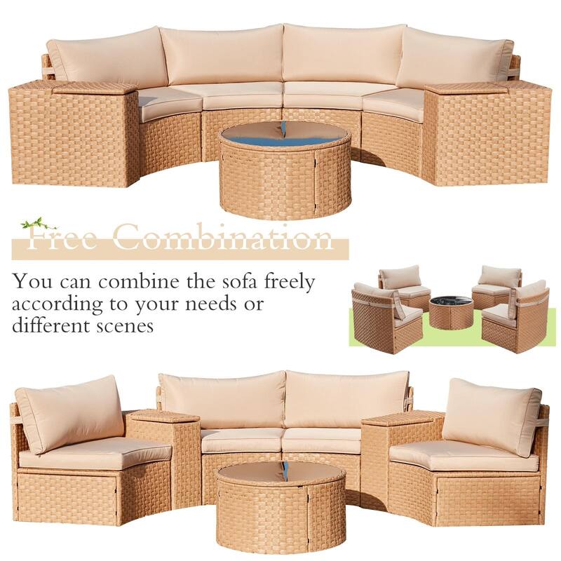 AVAWING 7 Pieces Half Moon Patio Conversation Set PE Wicker Sectional Sofa