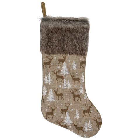 20" Brown Reindeer Christmas Stocking with Faux Fur Cuff