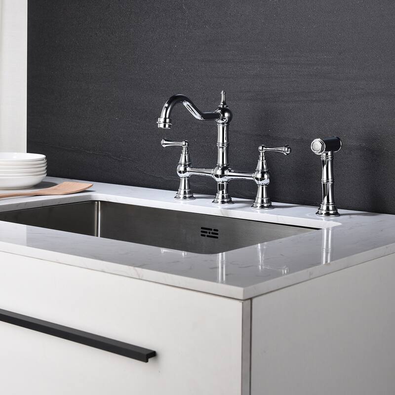 Two-Handles Bridge Kitchen Faucet with Side Sprayer