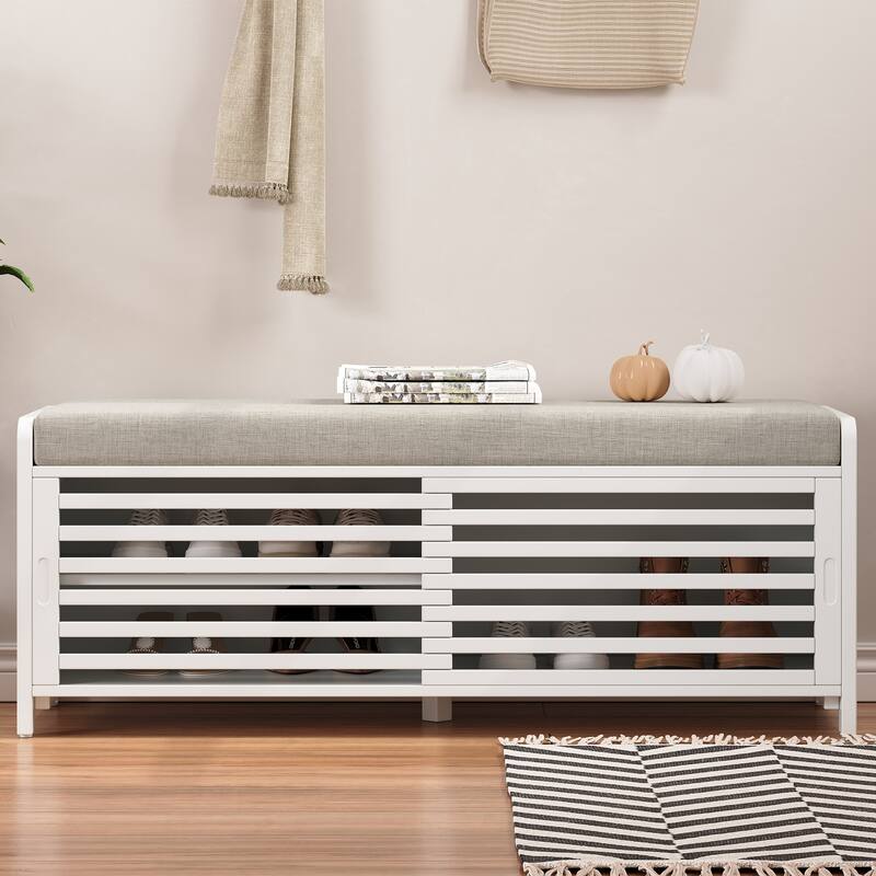 Distressed Shutter Storage Bench with Acacia Veneer - White