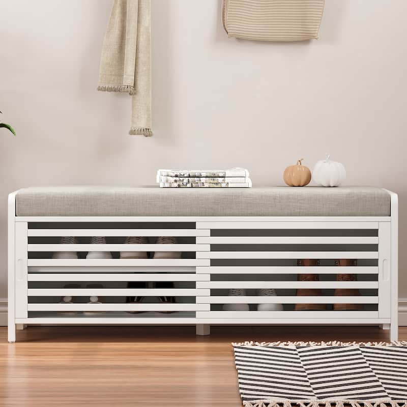 Long Entryway Bench with Shoe Storage, 43.3" Bedroom Upholstered Benches with Wooden Fram, Fabric Bench for Living Room