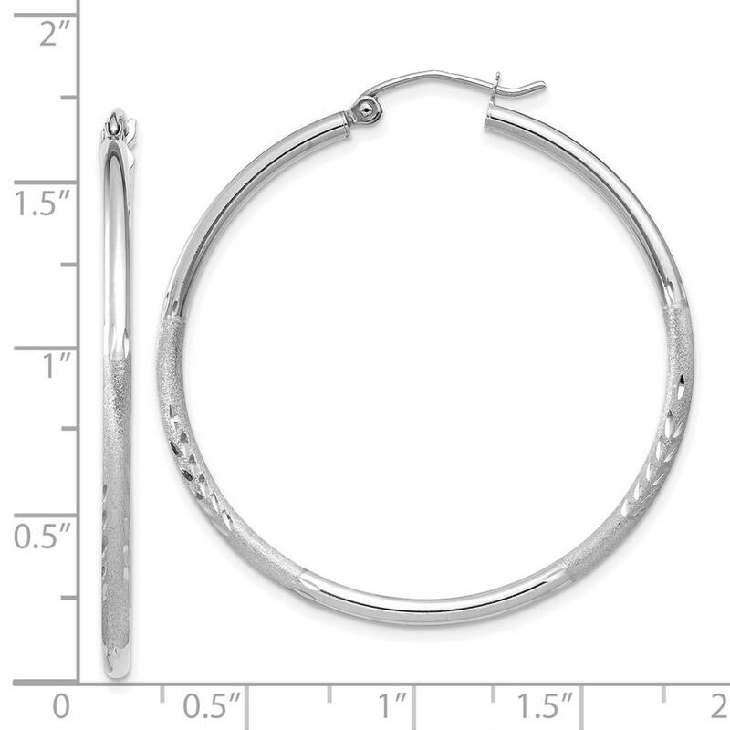 Curata 14k White Gold Satin and Sparkle Cut 36x2mm Round Hoop Earrings