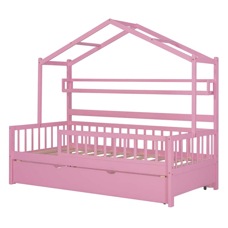 Wooden House Bed with Twin Trundle and Shelf, Full-Length Guardrail