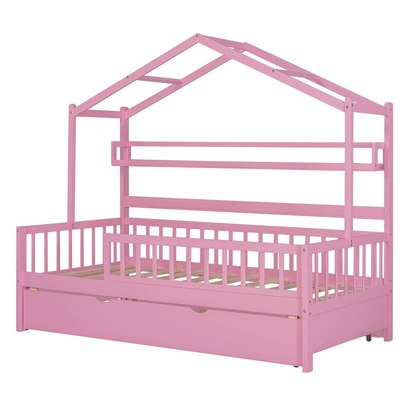 Cute Wooden Twin or Full House Bed with Trundle, Kids Bed Wood Platform Bed Frame with Safety Guardrail & Storage Shelf