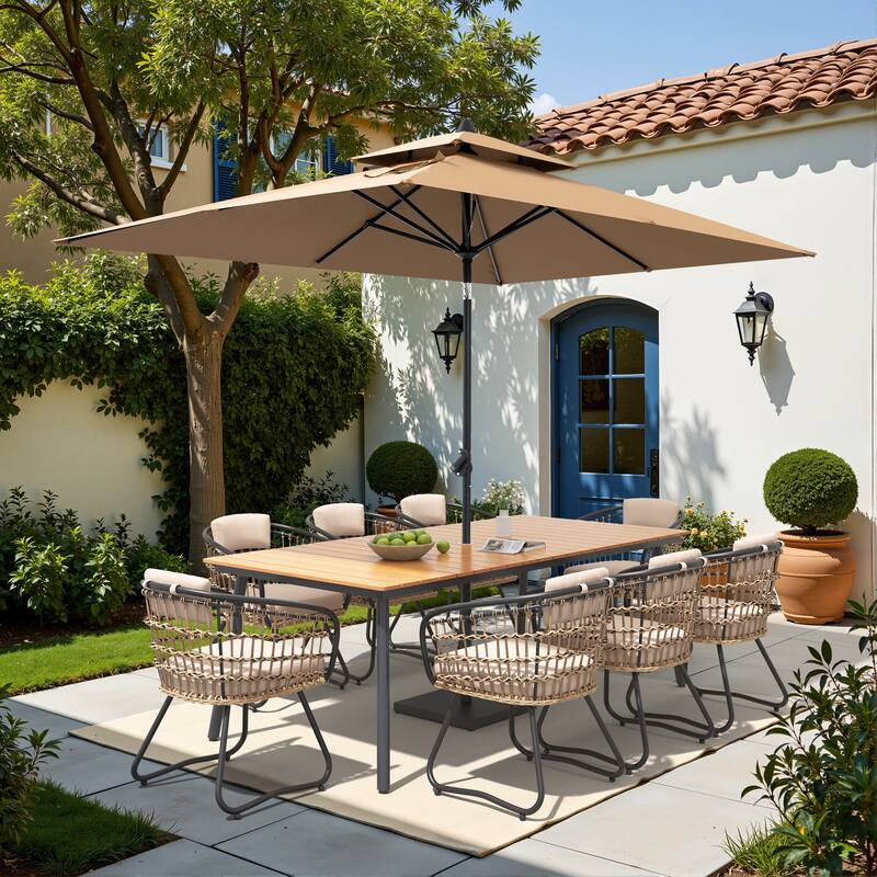 9/11-piece Outdoor Dining Set w/ Umbrella and Base Aluminum Dining Table and PE Rattan Wicker Chairs