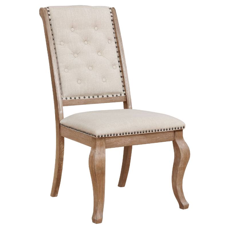 Sev 7pc Dining Table Set, 84-104 Inch Top, 6 Cream Fabric Chairs, Barley Brown