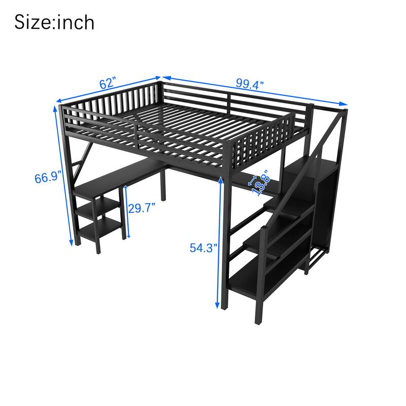 Metal Queen Loft Bed with Wardrobe and LED Light, Queen Size Loft Bed with L Shaped Desk and USB for Kids Teens Adults