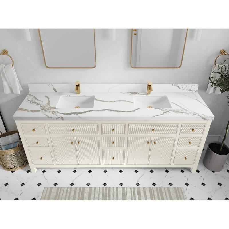 Willow Collections 84 in. W x 22 in. D Sonoma Free Standing Reeded Double Sink Bathroom Vanity with Countertop - 2”Calacatta Gold - Ivory