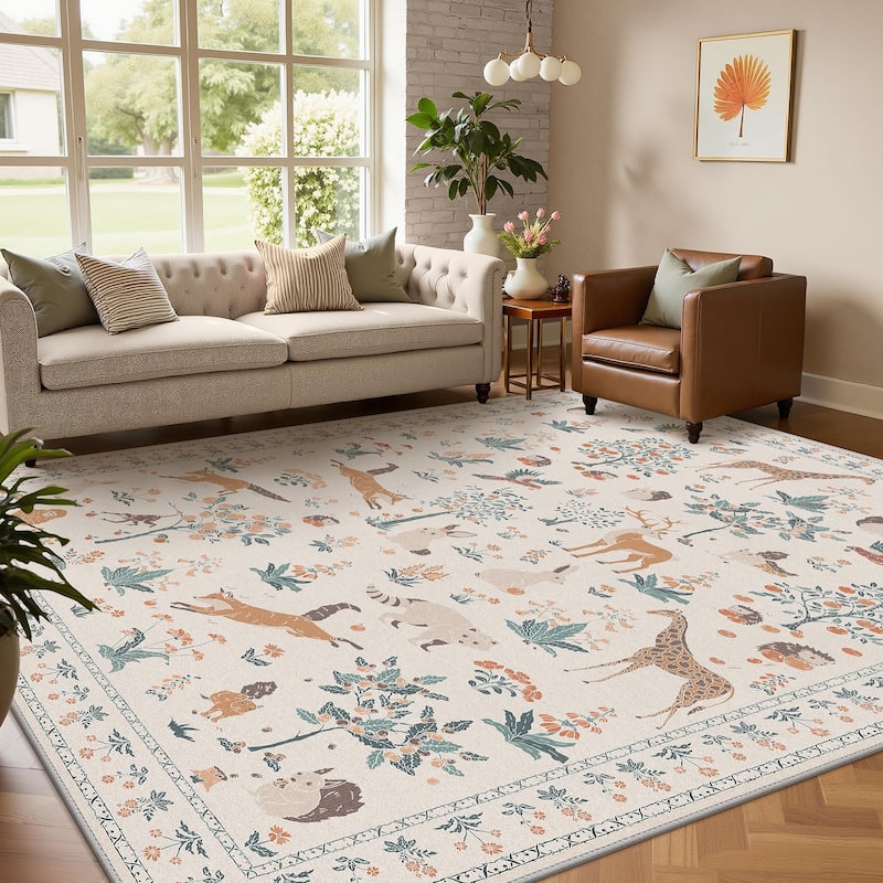 Mcow Woodland Friends Animal Print Low-Pile Machine-Washable Area Rug - Beige - 5' x 7' - Rectangle