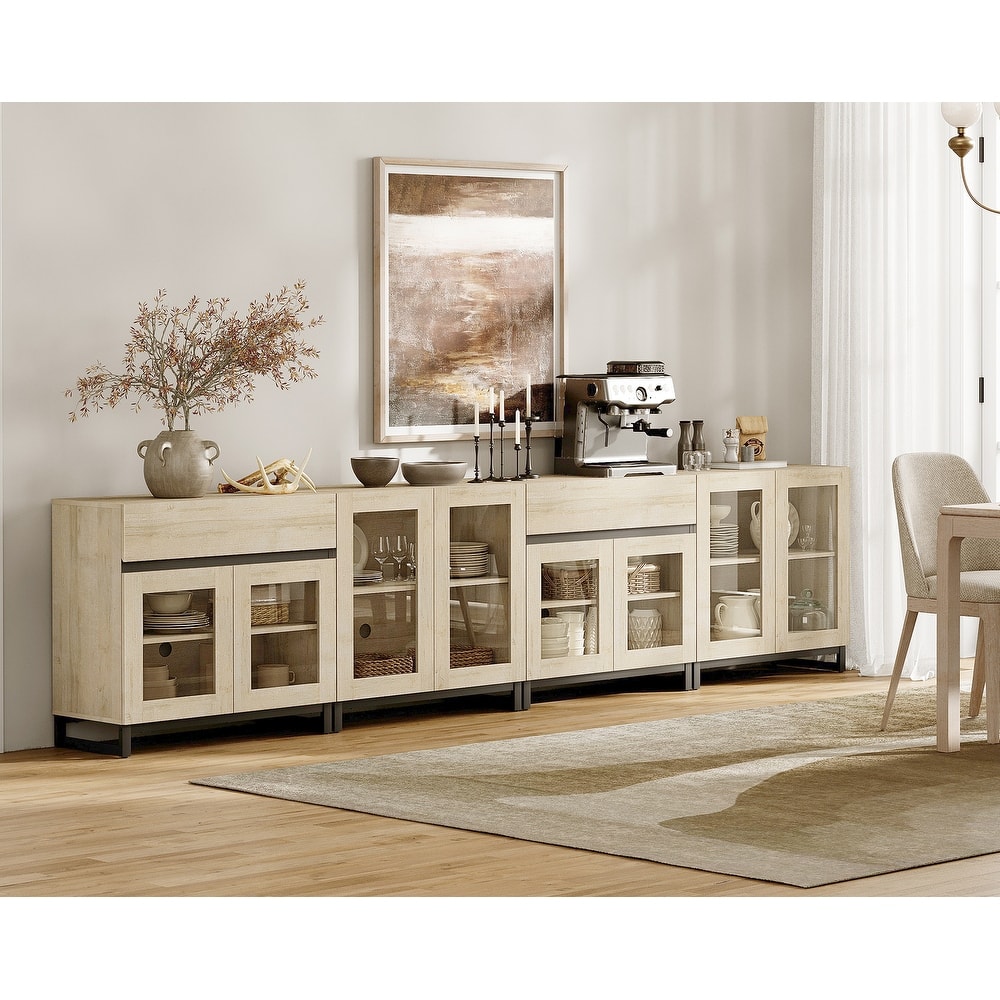 4-in-1 Multifunctional Sideboard Buffet with Glass Doors, 2 Drawers & Metal Base, Modern Coffee Bar Cabinet for Kitchen Storage.