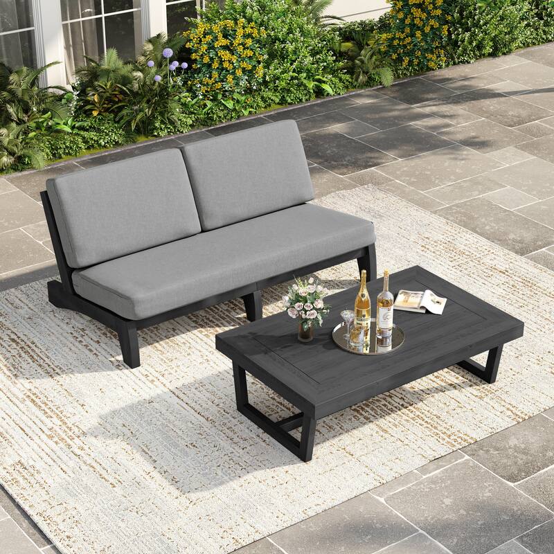 3 Seat Wood 64" W Cushioned Outdoor Patio Sofa with Coffee Table - Dark Wood - Grey