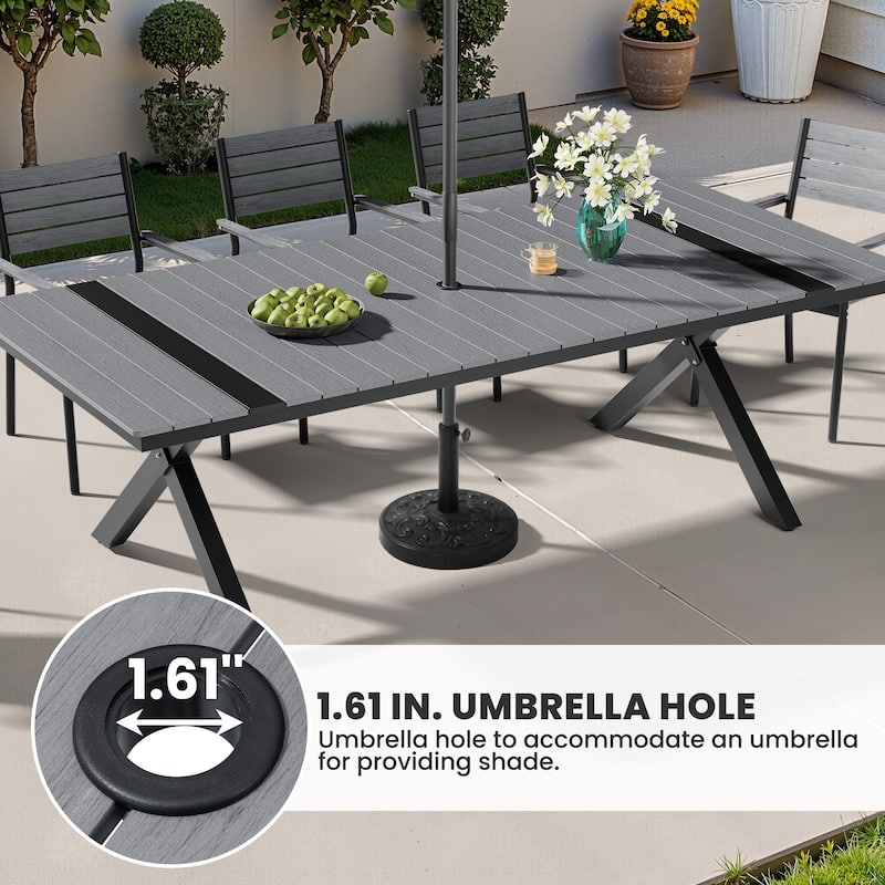 9-Piece Set Outdoor Aluminum Dining Table with Umbrella Hole and Foldable Dining Chairs