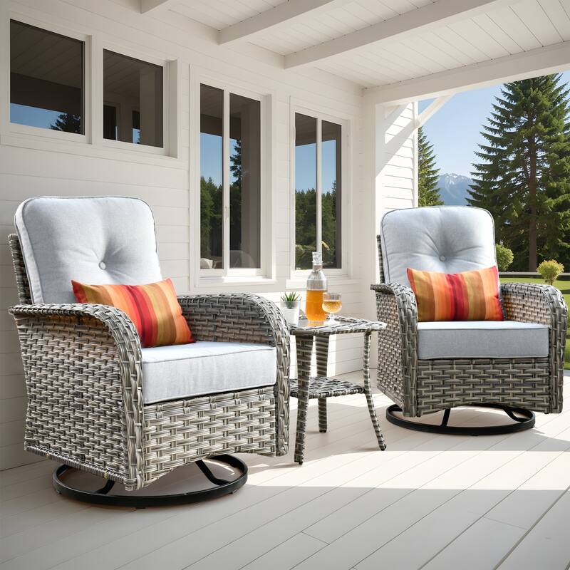 OVIOS 10 Pieces Outdoor Wicker Swivel Chair Set With Solar-Powered Coffee Table