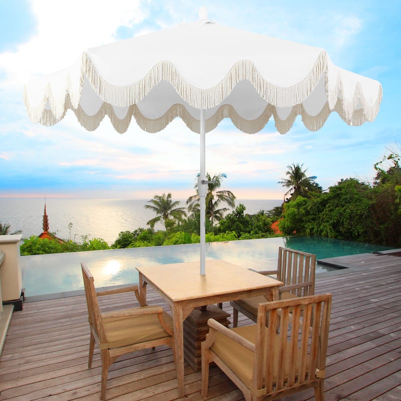 9ft Tassel Patio Umbrella Auto-Tilt, Crank , by JONATHAN Y