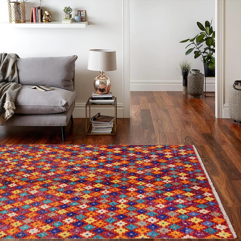 Contemporary Balochi Riley Red/Orange Hand Knotted Wool Rug - 5'1'' x 6'7''