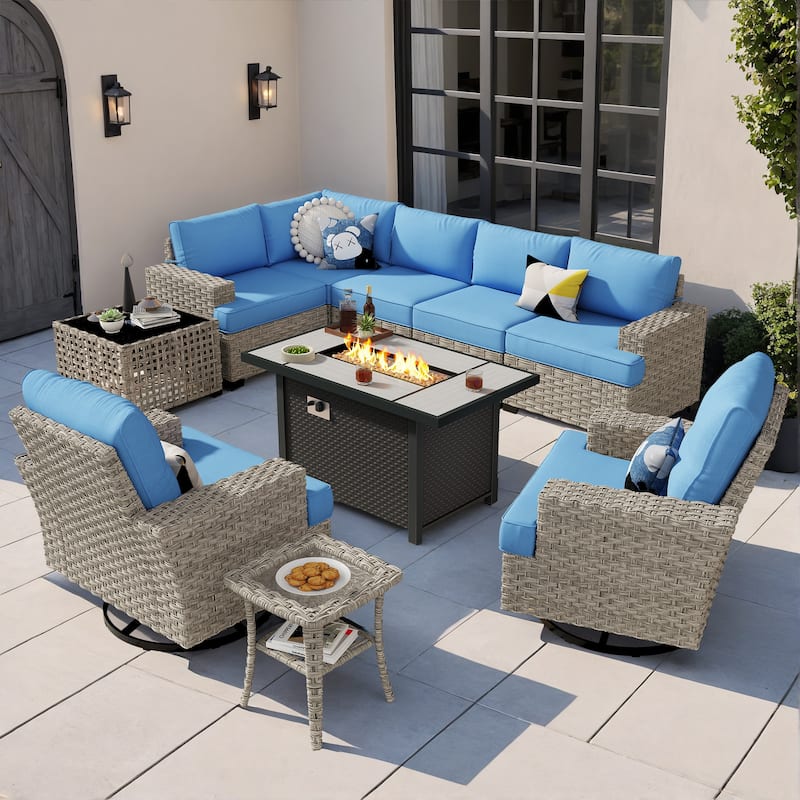 OVIOS 9 Pieces T shaped Seat Wide Armrest Swivel Chair Set With Fire Pit - Diamond Blue