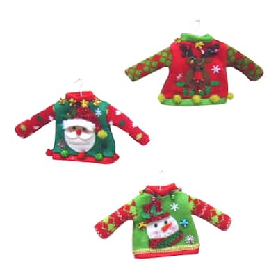 Tacky Sweaters Santa Snowman Reindeer Set of 3 Christmas Ornaments Elf Size - Multi