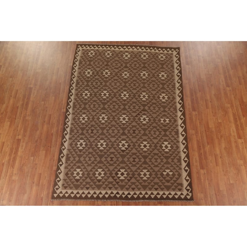 Hand Woven Oriental 100% Wool Carpet Southwestern Geometric Brown Kilim Area Rug - 9' 8'' X 6' 7''