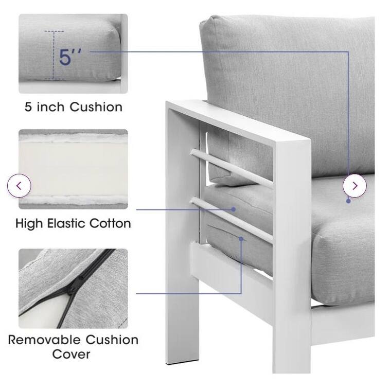 3-Pieces Outdoor All-Weather White Aluminum Sectional Sofa Conversation Set Corner Sofas with Light Grey Cushions
