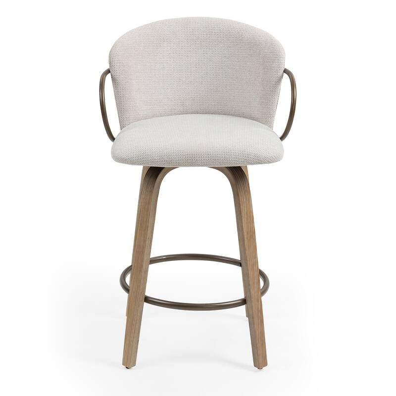 Set of 2 Bette Beige Woven Fabric Swivel Counter Stool with Wood Legs