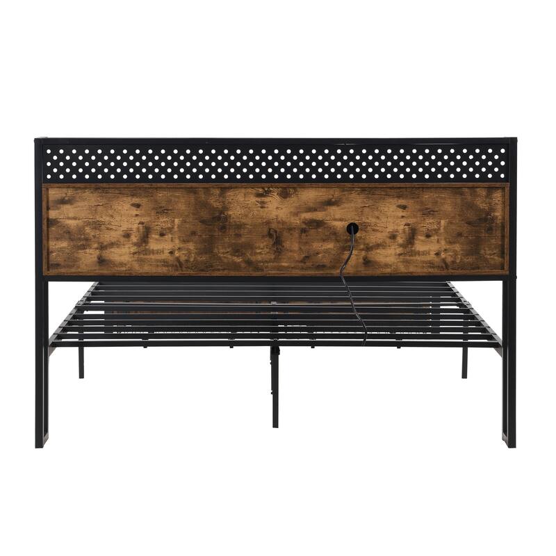 King Size Modern Metal Platform Bed with Wooden Headboard & 2 Drawers