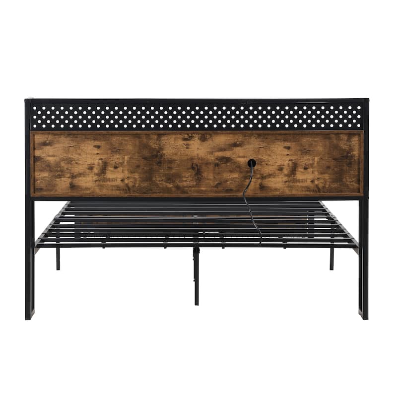 Queen Size Modern Metal Platform Bed with Wooden Headboard,2 Drawers and LED Lights