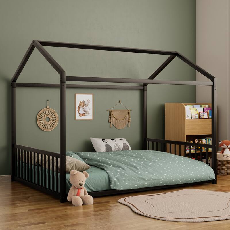 Montessori Metal House Bed with End Guardrails by Harper&Bright Designs - Black - Full