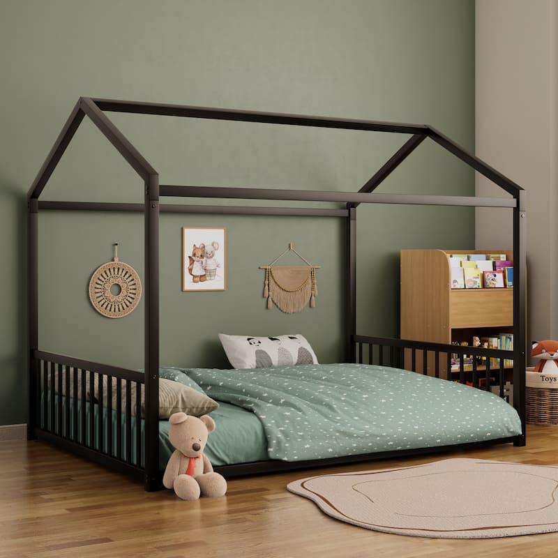 Montessori Style Metal Floor Bed Frame, House Shaped Bed for Kids and Toddlers, No Slats, House Bed