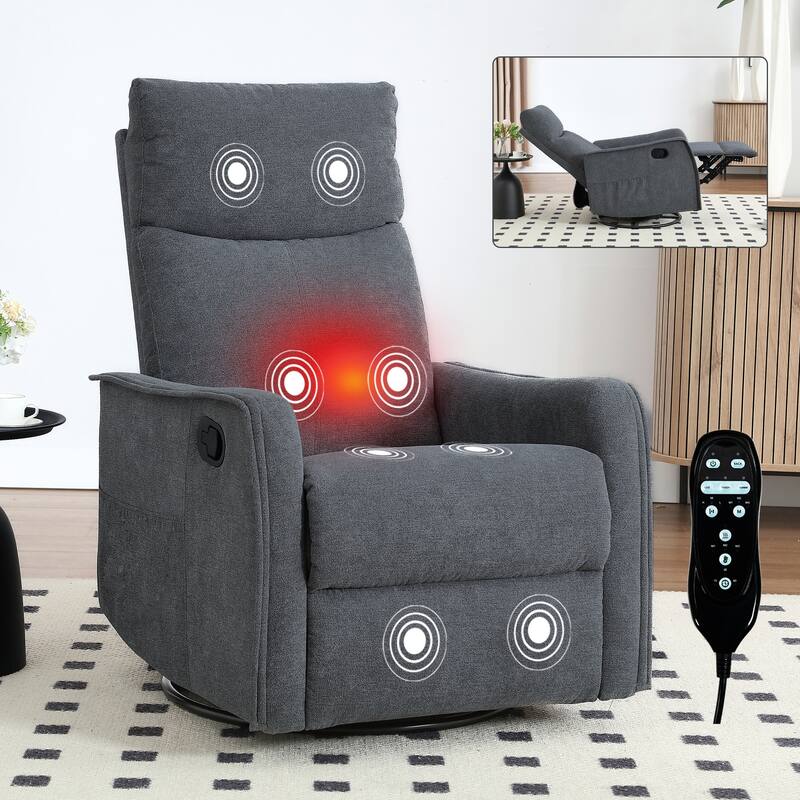 Heat Massage Manual Recliner Chair with Rocker and Swivel in Fabric for Living Room - Grey