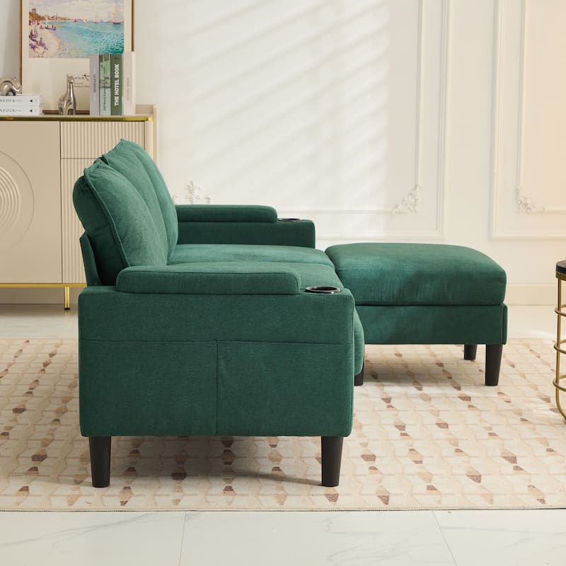 78" Fabric L-Shaped Sectional Sofa with USB, Ottoman & Magazine Bags (3-Seater) - Green