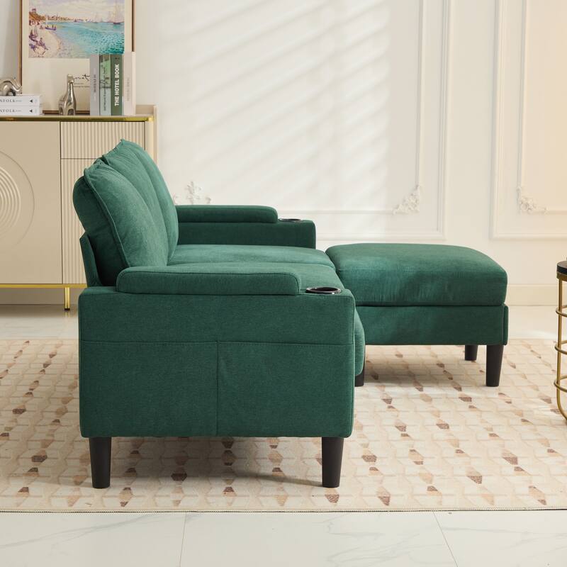 Upholstered Sectional Sofa with Storage Ottoman, USB Port, and Cup Holders - Green - Reversible