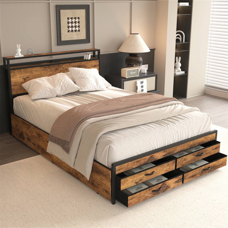 Full/Queen Size Metal Bed Frame w/ Drawers,LED Headboard,Charging Station