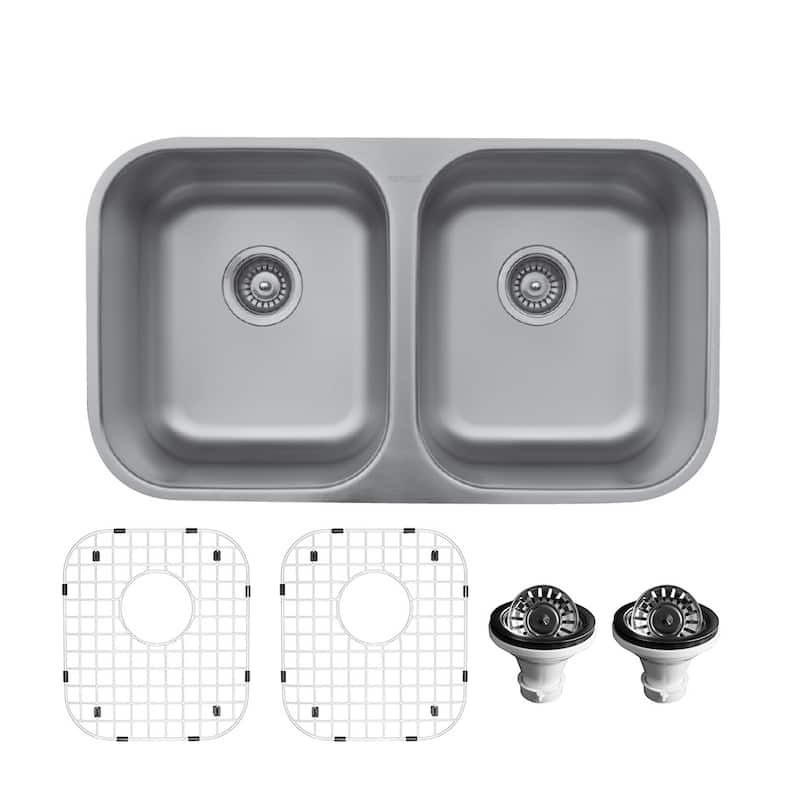Karran Undermount Stainless Steel 32 in. 0-Hole 50/50 Double Bowl Kitchen Sink Kit