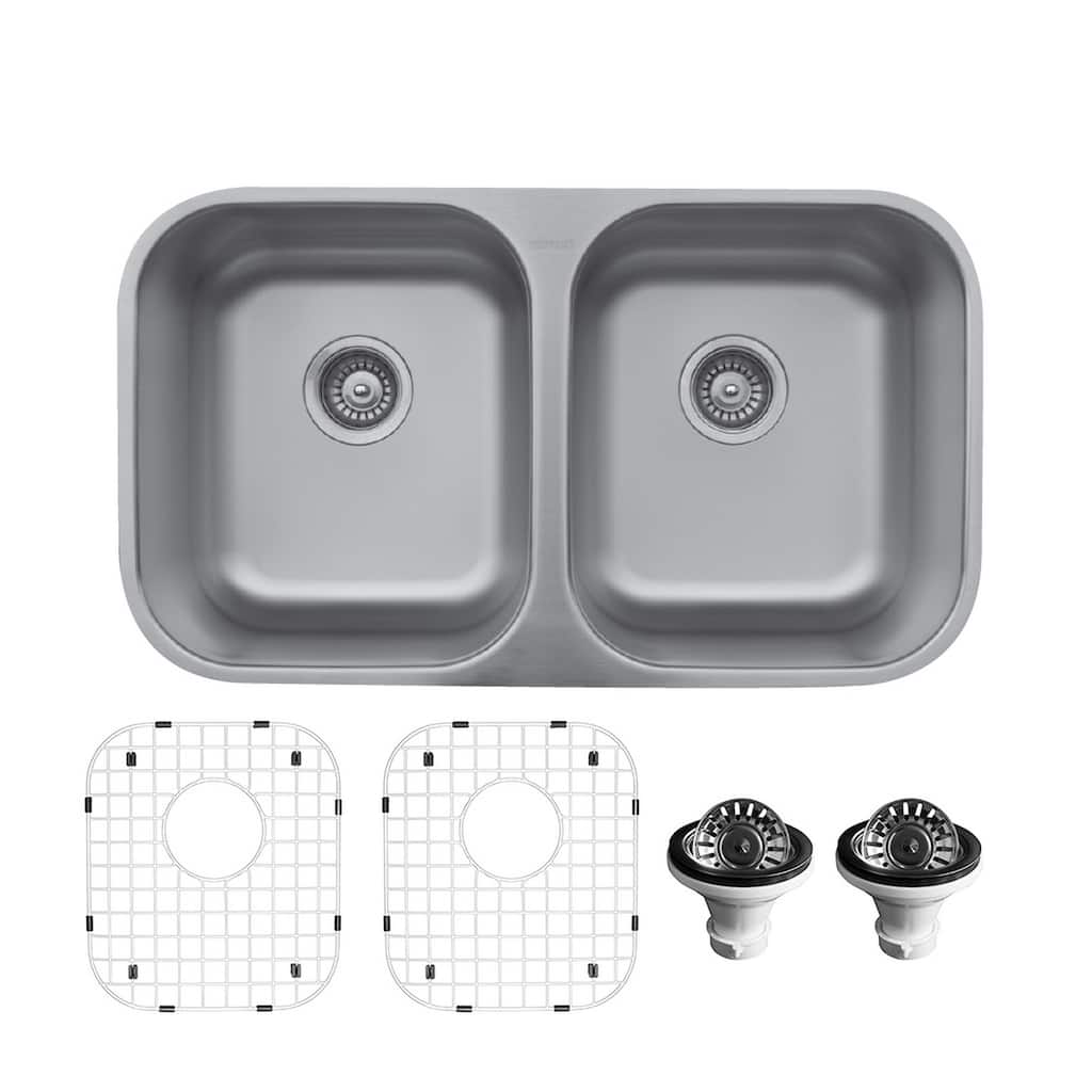 Karran Undermount Stainless Steel 32 in. 0-Hole 50/50 Double Bowl Kitchen Sink Kit