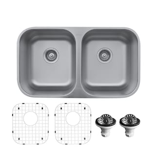 Karran Undermount Stainless Steel 32 in. 0-Hole 50/50 Double Bowl Kitchen Sink Kit