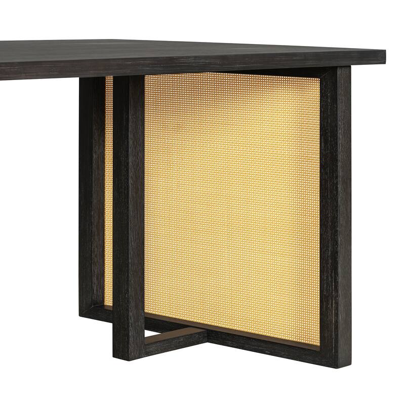 7-Piece Farmhouse Dining Table Set with Distressed Oak Veneer and Upholstered Rattan Chairs for Gatherings