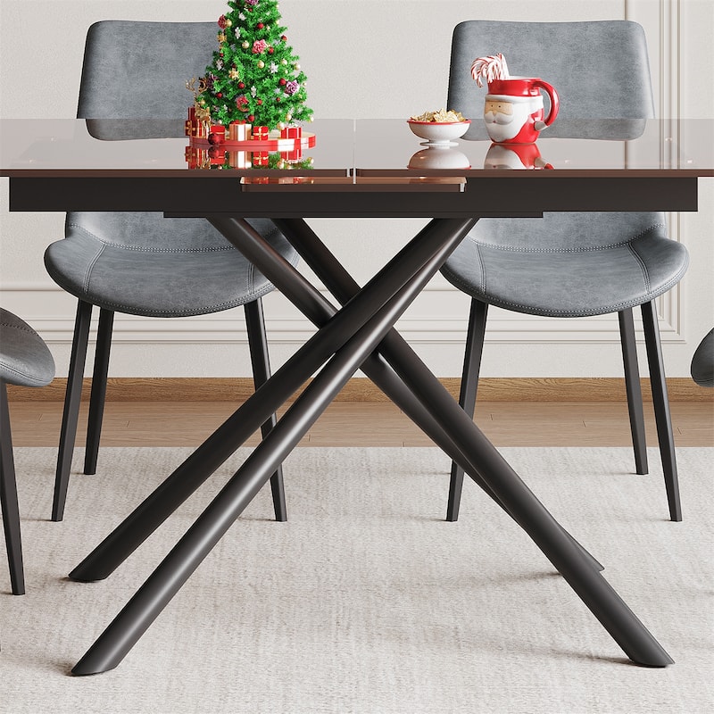 Modern Rectangle Expandable Dining Table with Retractable Leaf, Carbon Steel X-Base